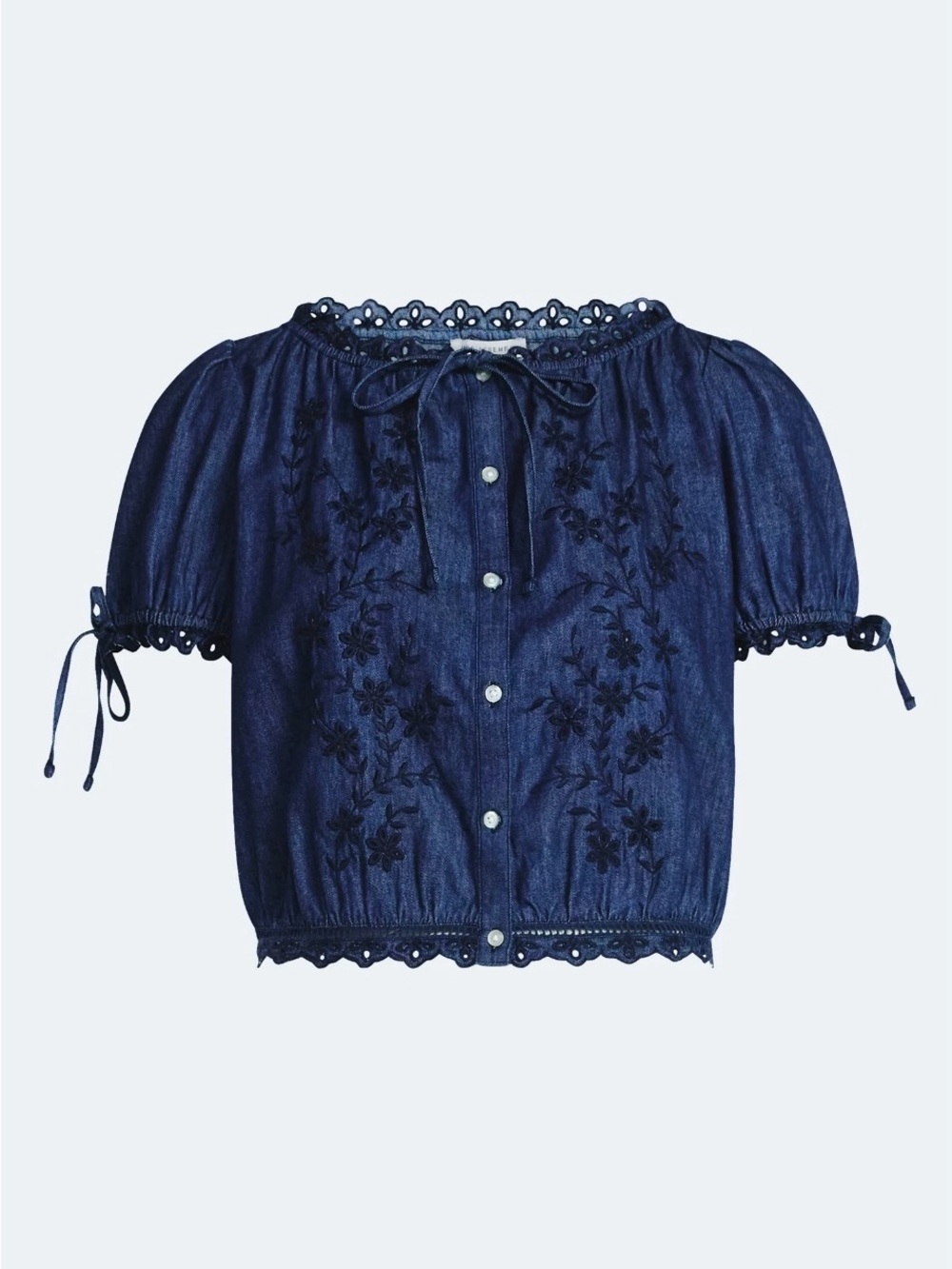 Embroidered Navy Cropped Cotton Button-Front Peasant Blouse